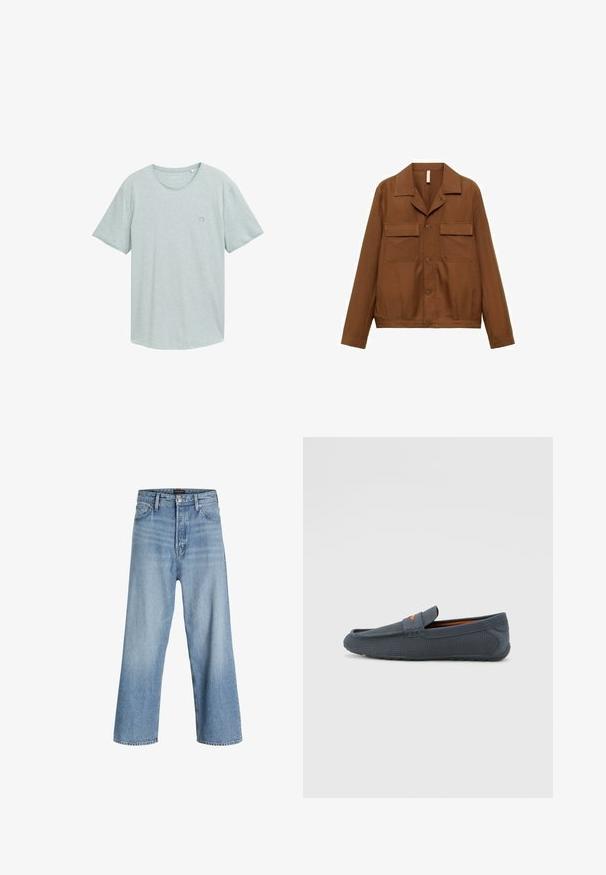 Hnědá košile na knoflíky vyrobená z hladkého materiálu. Má špičatý límec, dvě náprsní kapsy a dlouhé rukávy.; Světlé šedé tričko s krátkým rukávem a kulatým výstřihem, vyrobené z měkké bavlny, s malou logovou aplikací na levém prsu.; Svetle modré volné džíny z denimu, s vysokým pasem, klasickým pětikusovým designem a zapínáním na knoflík se zipem.; Šedé perforované mokasíny s jednoduchým obutím, které mají oranžový akcent, zaoblenou špičku a strukturovanou gumovou podrážku.