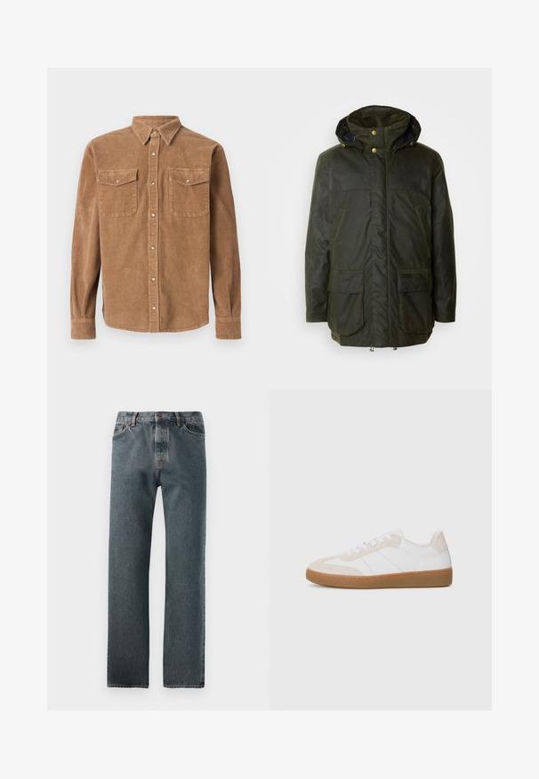 Barbour BLEABERRY - Parka - fern; Braunes Cordhemd mit Button-Down-Kragen, zwei Brusttaschen und strukturierter Oberfläche. Verfügt über eine KnopfverschClosure und lange Ärmel.; Dunkel gewaschene Denim-Jeans mit geradem Beinanschluss, dezenten Nähten und Knopfverschluss sowie Fünf-Taschen-Design.; Weiße und beige Sneaker mit Wildleder- und Lederelementen. Verfügt über eine Gummisohle, Schnürdesign und minimalistische Seitenstreifen.
