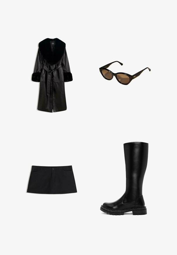 Long black leather coat with wide faux fur collar and cuffs, featuring a front tie belt and button closure, displayed on white background.; Black long-sleeve shirt with a wide neckline, made of soft fabric, featuring a fitted design and minimal stitching details.; Black, knee-length skirt made of soft fabric. Features two front pockets and a single button closure at the waist.; Black knee-high boots made of smooth leather. Chunky rubber sole with textured tread. Rounded toe and minimalistic design. No visible embellishments.; Black cat-eye sunglasses with brown lenses. Textured gold hardware on arms. Smooth plastic frame with a glossy finish.
