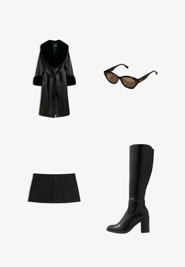 Long black leather coat with wide faux fur collar and cuffs, featuring a front tie belt and button closure, displayed on white background.; Black long-sleeve shirt with a wide neckline, made of soft fabric, featuring a fitted design and minimal stitching details.; Black, knee-length skirt made of soft fabric. Features two front pockets and a single button closure at the waist.; Knee-high black glossy heeled boots with a rounded toe, smooth texture, side cutout detail, and a chunky stacked heel.; Black cat-eye sunglasses with brown lenses. Textured gold hardware on arms. Smooth plastic frame with a glossy finish.