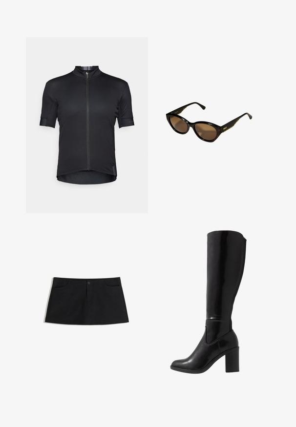 Langer schwarzer Ledermantel mit breitem Kragen und Manschetten aus Kunstfell, ausgestattet mit einem vorderen Bindegürtel und Druckknopfverschluss, auf weißem Hintergrund präsentiert.; Schwarzes, kurzärmliges Radtrikot mit hohem Kragen, Frontreißverschluss und dezent strukturiertem Stoff. Verfügt über verstärkte Nähte und einen abgerundeten Saum.; Schwarzer, knielanger Rock aus weichem Stoff. Verfügbar mit zwei frontalen Taschen und einem einzelnen Knopfverschluss an der Taille.; Knöchelhöhe schwarze, glänzende Stiefel mit hohen Absätzen, runder Zehenform, glatter Textur, seitlichen Aussparungen und einem kräftigen Blockabsatz.; Schwarze Cat-Eye-Sonnenbrille mit braunen Gläsern. Strukturiertes goldfarbenes Zubehör an den Bügeln. Glatter Kunststoffrahmen mit glänzender Oberfläche.