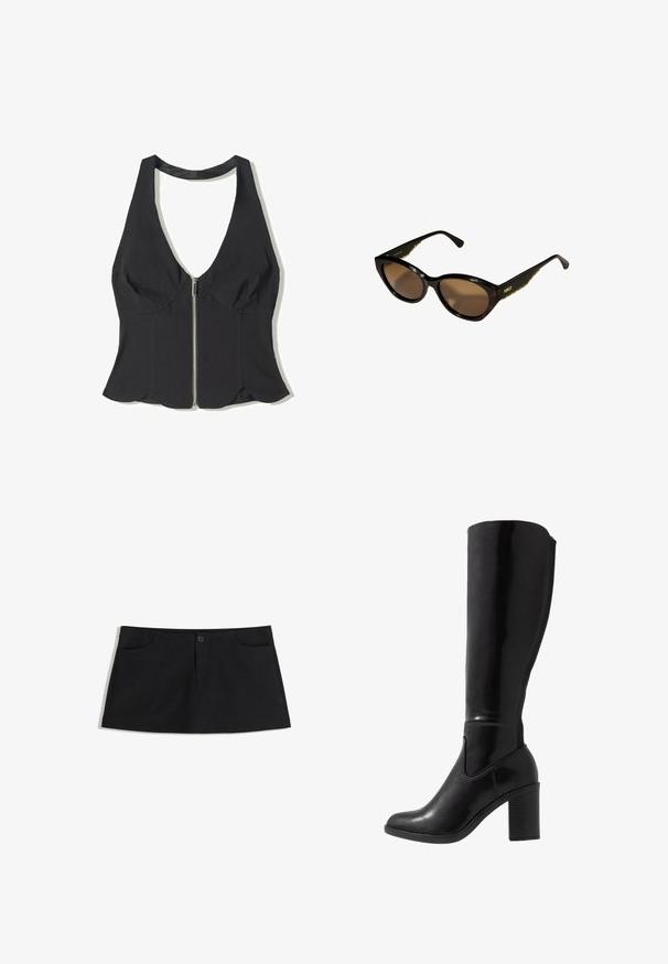 Langer schwarzer Ledermantel mit breitem Kragen und Manschetten aus Kunstfell, ausgestattet mit einem vorderen Bindegürtel und Druckknopfverschluss, auf weißem Hintergrund präsentiert.; Schwarzes Haltertop aus Stoff mit tiefem V-Ausschnitt, versehen mit einem Reißverschluss vorne und einem gewellten Saum am unteren Ende. Keine Muster oder Akzente.; Schwarzer, knielanger Rock aus weichem Stoff. Verfügbar mit zwei frontalen Taschen und einem einzelnen Knopfverschluss an der Taille.; Knöchelhöhe schwarze, glänzende Stiefel mit hohen Absätzen, runder Zehenform, glatter Textur, seitlichen Aussparungen und einem kräftigen Blockabsatz.; Schwarze Cat-Eye-Sonnenbrille mit braunen Gläsern. Strukturiertes goldfarbenes Zubehör an den Bügeln. Glatter Kunststoffrahmen mit glänzender Oberfläche.