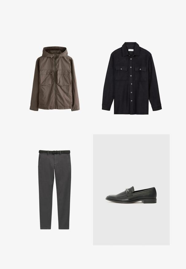 Brun letvægtsjakke med hætte, med en frontlynlås og to store brystlommer. Glat tekstur og afslappet design.; Sort uldskjortejakke med krave, frontknaplukning, to brystlommer og lange ærmer. Blød tekstur, ingen synlige mønstre.; Grå bukser lavet af vævet stof, med lige skæring, sidelommer og et sort læderbælte med en sølvspænde.; Sorte læder loafers med en glat finish, der har et syet design og et dekorativt metal kædeaccent hen over vamps. Flad hæl.