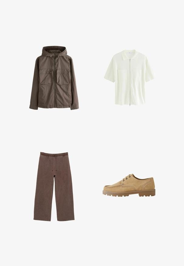 Lichtgewicht bruine jas met een capuchon, voorzien van een ritssluiting aan de voorkant en twee grote borstzakken. Soepele textuur en casual ontwerp.; Korte mouw, witte ritshemd gemaakt van textuurstof, met een kraag en twee voorzakken met vierkante flappen.; Bruine katoenen joggingbroek met een elastische tailleband, verstelbaar trekkoord, wijde benen en minimale stikseldetails.; Tan suède veterschoen met een ronde neus, contrasterende stiksels en een dikke rubberen zool met een profiel voor grip.