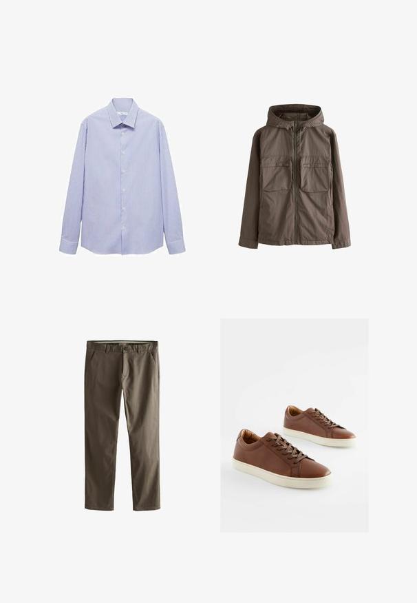 Braune leichte Jacke mit Kapuze, ausgestattet mit einem Frontreißverschluss und zwei großen Brusttaschen. Glatte Textur und lässiges Design.; Mango Hemd - dark blue; Braune Baumwoll-Chinos mit geradem Beinschnitt, frontalen Taschen und Knopfverschluss. Merkmale sind eine glatte Textur und klare Linien.; Braune Leder-Sneaker mit glatter Textur, weißen Gummisohlen und passenden braunen Schnürsenkeln. Rundes Zehendesign mit minimalen Nähdetails.