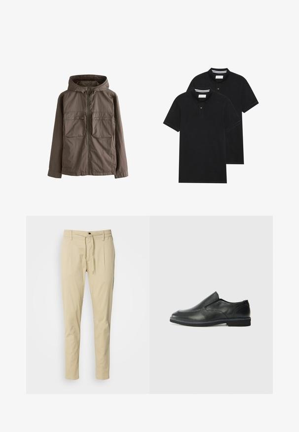 Lichtgewicht bruine jas met een capuchon, voorzien van een ritssluiting aan de voorkant en twee grote borstzakken. Soepele textuur en casual ontwerp.; Twee zwarte polo shirts, met korte mouwen, van katoen, met een klassieke kraag, een knoopsluiting met twee knopen en witte gestreepte accenten aan de binnenkant van de kraag.; Beige, slim-fit broeken gemaakt van een katoenmix. Elastische tailleband met een koord, twee voorplooien en rechte pijpen.; Zwarte leren instapper met een soepele bovenkant, gestikte accenten, ronde neus en een lage rubberen hak. De zool heeft minimale profiel.