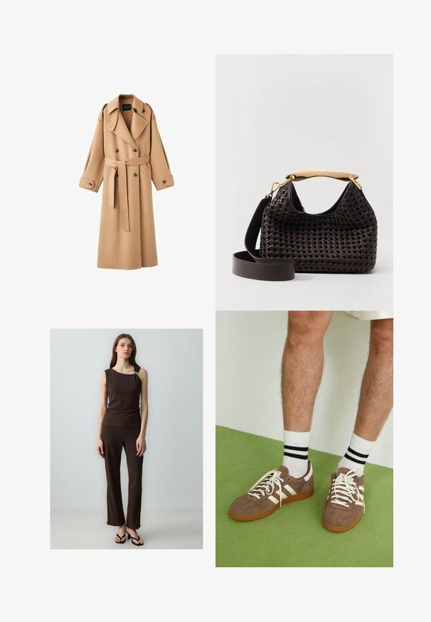 Camel-colored wool trench coat with a double-breasted front, wide lapels, a belted waist, and long sleeves with button details.; Kaotiko CREW PUPPIES UNISEX - Polo shirt - beige; Brown textured two-piece outfit featuring a sleeveless top with an asymmetrical neckline and matching fitted pants, complemented by flip-flops.; Brown suede sneakers with white accents and laces. Rubber gum sole. Worn with white socks featuring black stripes. Green textured flooring.; Elleme BOOMERANG WOVEN - Handbag - brown
