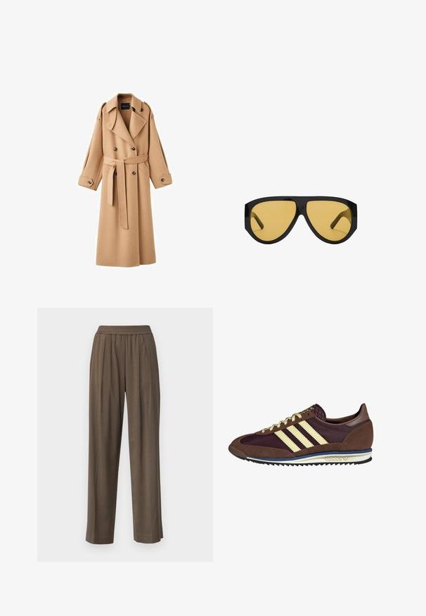 Kamelová vlněná trench coat s dvojitým zapínáním vpředu, širokými klopami, páskem v oblasti pasu a dlouhými rukávy s tlačítkovými detaily.; Krémový svetr s horizontálními pruhy v černé, zlaté, oranžové a hnědé barvě. Vyrobený z měkkého, strukturovaného úpletu s kulatým výstřihem.; Hnědé kalhoty s širokými nohavicemi, elastickým pasem a předními sklady, vyrobené z hladkého materiálu, poskytující pohodlný střih.; Hnědé a burgundské tenisky z semiše a síťoviny, s třemi krémovými pruhy, texturovaným materiálem na jazyku a gumovou podrážkou.; Sluneční brýle s elegantním černým plastovým rámem a žlutě tónovanými čočkami, s výrazným úhlovým tvarem a širokými obroučkami pro dodatečné zakrytí.; Denimová gumička v modrých tónech s kostkovaným vzorem. Měkká textura s nařasenými okraji a elastickým středem pro bezpečné uchycení.