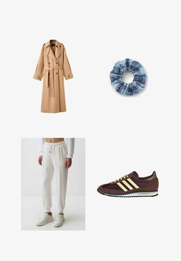 Trencz w kolorze camel z podwójnym zapięciem, szerokimi klapami, paskiem w talii oraz długimi rękawami z guzikami.; Kremowy sweter z poziomymi paskami w kolorach czarnym, złotym, pomarańczowym i brązowym. Wykonany z miękkiego, fakturowanego dzianiny z okrągłym dekoltem.; Białe spodnie dresowe z elastycznym pasem, detalem w postaci sznurka, bocznymi kieszeniami i zwężanymi nogawkami, w połączeniu z białymi trampkami.; Brązowe i burgundowe sneakersy wykonane z zamszu i siateczkowych materiałów, z trzema kremowymi paskami, teksturowanym materiałem na języku i gumową podeszwą.; Denimowa scrunchie w niebieskich odcieniach z wzorem w kratę. Miękka faktura z marszczonymi krawędziami i elastycznym środkiem zapewniającym pewne trzymanie.