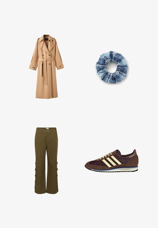 Camel-colored wool trench coat with a double-breasted front, wide lapels, a belted waist, and long sleeves with button details.; Cream sweater featuring horizontal stripes in black, gold, orange, and brown. Made from a soft, textured knit with a crew neckline.; Khaki green trousers with a straight leg design, featuring side buttons and a plain texture. Made of woven fabric, suitable for casual wear.; Brown and burgundy sneaker with suede and mesh materials, featuring three cream stripes, textured fabric on the tongue, and a rubber sole.; Denim scrunchie in blue tones featuring a plaid pattern. Soft texture with gathered edges and an elastic center for secure hold.