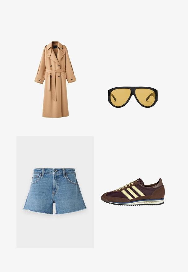 Kamela barvani volnen plašč s dvojno zaponko, širokimi reverji, pasom z obsegom in dolgimi rokavi z gumbnimi detajli.; Kremna pulover s horizontalnimi črtami v črni, zlati, oranžni in rjavi barvi. Narejen iz mehkega, teksturiranega pletenega materiala z okruglim izrezom.; Jeans kratke hlače z visokim pasom v svetlo modri barvi. Imajo raztrgan rob in pet žepov. Klasična zasnova z bakrenimi zakovicami in sprednjim gumbom.; Rjavi in rdeče-burgundske teniske iz usnja in mrežastega materiala, ki imajo tri smetane stripe, teksturirano blago na jeziku in gumijast podplat.; Sončna očala s sleek črnim plastičnim okvirjem in rumenimi lečami, z izrazito kotno obliko in širokimi templji za dodatno zaščito.