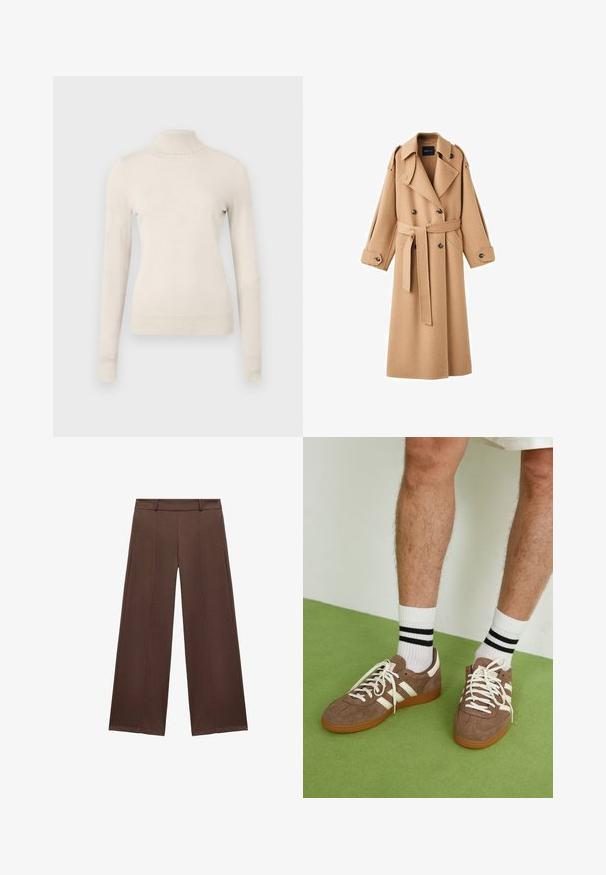 Kamelová vlněná trench coat s dvojitým zapínáním vpředu, širokými klopami, páskem v oblasti pasu a dlouhými rukávy s tlačítkovými detaily.; Světlý béžový rolák vyrobený z měkké pleteniny, s dlouhými rukávy a jemným volánkovým detailem na výstřihu.; Hnědé široké kalhoty vyrobené z měkké tkaniny, s plochým bokem a pasem a sklady pro zvýšení textury.; Hnědé semišové tenisky s bílými akcenty a tkaničkami. Gumová podrážka. Nošeny s bílými ponožkami s černými pruhy. Zelená strukturovaná podlaha.