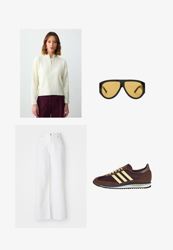 Trencz w kolorze camel z podwójnym zapięciem, szerokimi klapami, paskiem w talii oraz długimi rękawami z guzikami.; Kremowy prążkowany pulower z zamkiem błyskawicznym na ćwierć długości z przodu, długimi rękawami i luźnym krojem. Stylizowany z głęboko burgundowymi spodniami.; Białe dżinsowe spodnie w szerokim kroju z wysokim stanem, z przednimi kieszeniami i srebrnym zapięciem na guzik. Tekstura jest gładka, w jednolitym kolorze.; Brązowe i burgundowe sneakersy wykonane z zamszu i siateczkowych materiałów, z trzema kremowymi paskami, teksturowanym materiałem na języku i gumową podeszwą.; Okulary przeciwsłoneczne z elegancką, czarną plastikową oprawką i żółtymi soczewkami, o wyraźnym kanciastym kształcie i szerokich zausznikach dla dodatkowej ochrony.; Denimowa scrunchie w niebieskich odcieniach z wzorem w kratę. Miękka faktura z marszczonymi krawędziami i elastycznym środkiem zapewniającym pewne trzymanie.