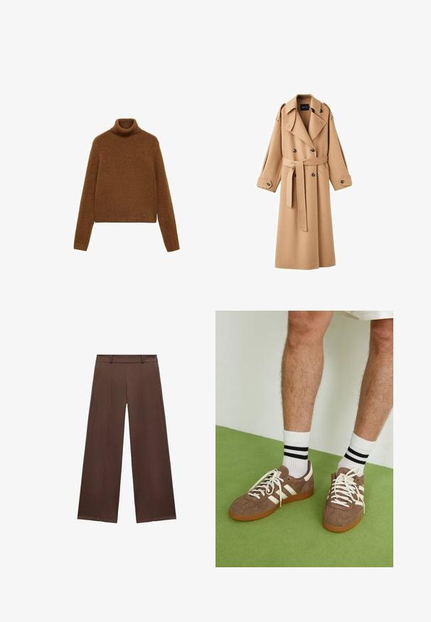 Camel boje vuneni kaput s dvostrukim kopčanjem, širokim reverima, pojasom u struku i dugim rukavima s detaljima na gumbima.; Smeđi turtleneck pulover od mekog pletiva, s rebrastim ovratnikom i dugim rukavima, cropped dizajnom i glatkom teksturom.; Smeđe široke hlače od mekanog materijala, sa ravnim prednjim dijelom, pojasom i nabranim detaljima za dodatnu teksturu.; Smeđe nubuk tenisice s bijelim detaljima i vezicama. Gumeni potplat. Nosene s bijelim čarapama s crnim prugama. Zeleno teksturirano pod.