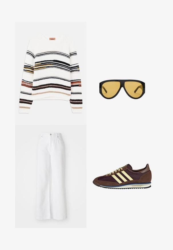 Trencz w kolorze camel z podwójnym zapięciem, szerokimi klapami, paskiem w talii oraz długimi rękawami z guzikami.; Kremowy sweter z poziomymi paskami w kolorach czarnym, złotym, pomarańczowym i brązowym. Wykonany z miękkiego, fakturowanego dzianiny z okrągłym dekoltem.; Białe dżinsowe spodnie w szerokim kroju z wysokim stanem, z przednimi kieszeniami i srebrnym zapięciem na guzik. Tekstura jest gładka, w jednolitym kolorze.; Brązowe i burgundowe sneakersy wykonane z zamszu i siateczkowych materiałów, z trzema kremowymi paskami, teksturowanym materiałem na języku i gumową podeszwą.; Okulary przeciwsłoneczne z elegancką, czarną plastikową oprawką i żółtymi soczewkami, o wyraźnym kanciastym kształcie i szerokich zausznikach dla dodatkowej ochrony.; Denimowa scrunchie w niebieskich odcieniach z wzorem w kratę. Miękka faktura z marszczonymi krawędziami i elastycznym środkiem zapewniającym pewne trzymanie.