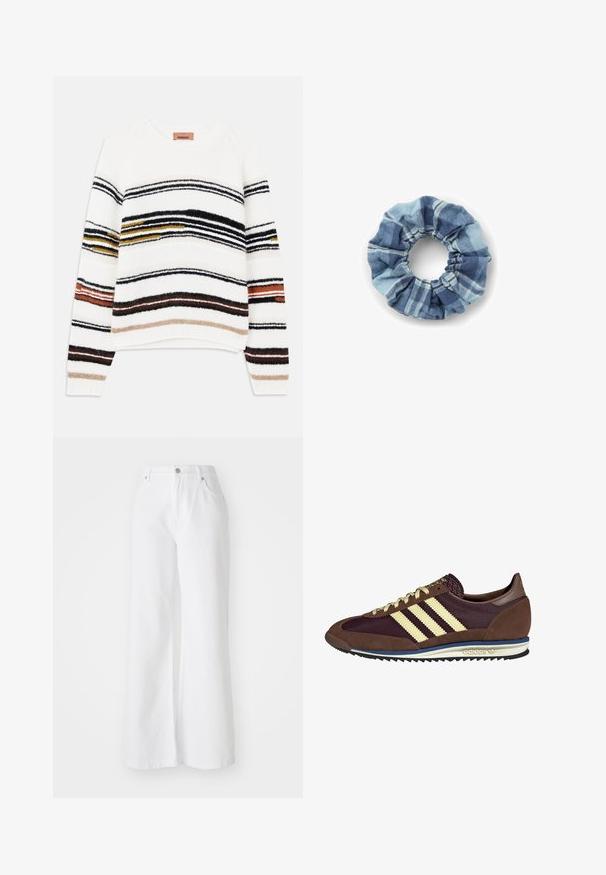 Kamelbraßer Wolltrenchcoat mit doppelter Knopfleiste, breiten Revers, tailliertem Gürtel und langen Ärmeln mit Knopfdetails.; Cremfarbener Pullover mit horizontalen Streifen in Schwarz, Gold, Orange und Braun. Hergestellt aus einem weichen, strukturierten Strick mit Rundhalsausschnitt.; Weiße Denim-Hosen mit weitem Bein und hoher Taille, ausgestattet mit vorderen Taschen und silberner Knopfleiste. Die Textur ist glatt und einfarbig.; Braune und burgunderfarbene Sneaker aus Wildleder und Mesh-Materialien, mit drei cremefarbenen Streifen, strukturiertem Stoff an der Zunge und einer Gummisohle.; Denim-Haarband in Blautönen mit einem karierten Muster. Weiche Textur mit gerafften Kanten und einem elastischen Mittelpunkt für sicheren Halt.
