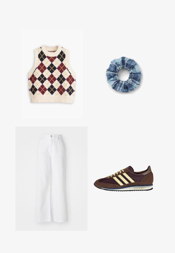 Trencz w kolorze camel z podwójnym zapięciem, szerokimi klapami, paskiem w talii oraz długimi rękawami z guzikami.; Bezrękawnik wykonany z dzianiny o kremowym tle z czerwonym, granatowym i żółtym wzorem w romby argyle, okrągłym dekoltem i prążkowanymi brzegami.; Białe dżinsowe spodnie w szerokim kroju z wysokim stanem, z przednimi kieszeniami i srebrnym zapięciem na guzik. Tekstura jest gładka, w jednolitym kolorze.; Brązowe i burgundowe sneakersy wykonane z zamszu i siateczkowych materiałów, z trzema kremowymi paskami, teksturowanym materiałem na języku i gumową podeszwą.; Denimowa scrunchie w niebieskich odcieniach z wzorem w kratę. Miękka faktura z marszczonymi krawędziami i elastycznym środkiem zapewniającym pewne trzymanie.