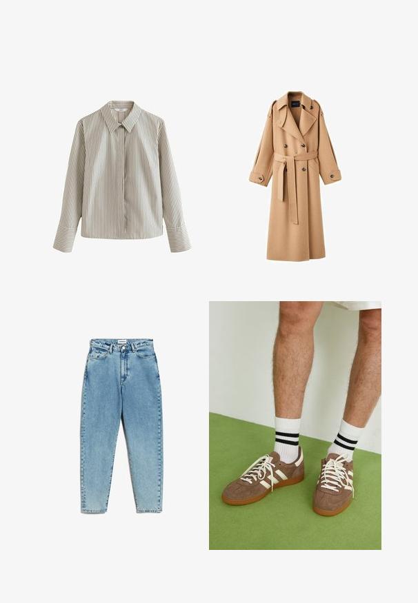 Kamelbraßer Wolltrenchcoat mit doppelter Knopfleiste, breiten Revers, tailliertem Gürtel und langen Ärmeln mit Knopfdetails.; Gestreiftes Hemd in hellbeige mit dunklen vertikalen Streifen, ausgestattet mit einem klassischen Kragen, langen Ärmeln und einer Tasche auf der linken Seite.; Helle blaue Denim-Jeans mit hoher Taille, geraden Beinen und einem verblichenen Finish. Verfügt über einen Knopfverschluss, Gürtelschlaufen und klassische Taschen.; Braune Wildleder-Sneaker mit weißen Akzenten und Schnürsenkeln. Gummisohle in Kautschuk-Optik. Getragen mit weißen Socken, die schwarze Streifen haben. Grüner strukturierter Fußboden.