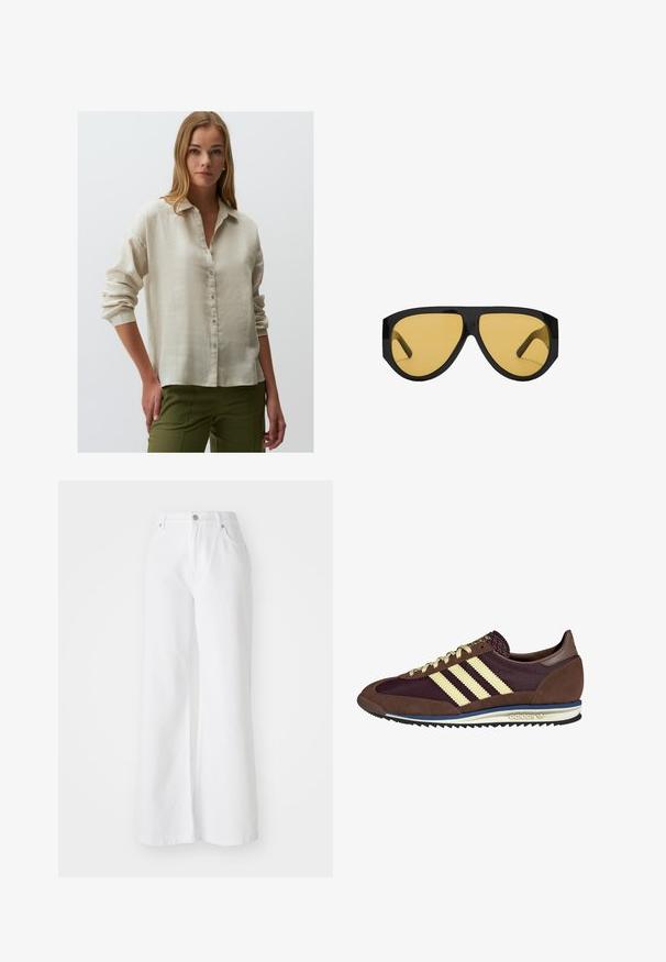 Trencz w kolorze camel z podwójnym zapięciem, szerokimi klapami, paskiem w talii oraz długimi rękawami z guzikami.; Jasno beżowa lniana koszula z guzikami o luźnym kroju, z długimi rękawami i podwiniętymi mankietami, w połączeniu z oliwkowymi spodniami.; Białe dżinsowe spodnie w szerokim kroju z wysokim stanem, z przednimi kieszeniami i srebrnym zapięciem na guzik. Tekstura jest gładka, w jednolitym kolorze.; Brązowe i burgundowe sneakersy wykonane z zamszu i siateczkowych materiałów, z trzema kremowymi paskami, teksturowanym materiałem na języku i gumową podeszwą.; Okulary przeciwsłoneczne z elegancką, czarną plastikową oprawką i żółtymi soczewkami, o wyraźnym kanciastym kształcie i szerokich zausznikach dla dodatkowej ochrony.; Denimowa scrunchie w niebieskich odcieniach z wzorem w kratę. Miękka faktura z marszczonymi krawędziami i elastycznym środkiem zapewniającym pewne trzymanie.