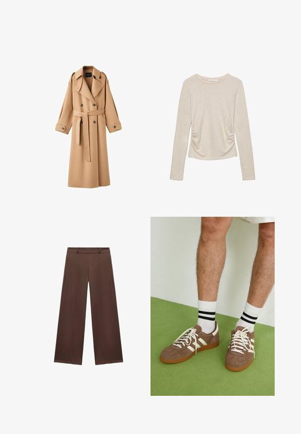 Kamelfärgad ull trench coat med dubbelknäppt front, breda slag, midjebälte och långa ärmar med knapprar. ; Beige långärmad topp med rund halsringning och rynkade detaljer på sidorna, tillverkad av ett mjukt, texturerat tyg.; Bruna vida byxor i mjukt tyg, med platt front och midjeband samt veckdetaljer för extra textur.; Bruna mockaskor med vita detaljer och snören. Gummisula i beige. Bärs med vita strumpor med svarta ränder. Grön strukturerad golvyta.