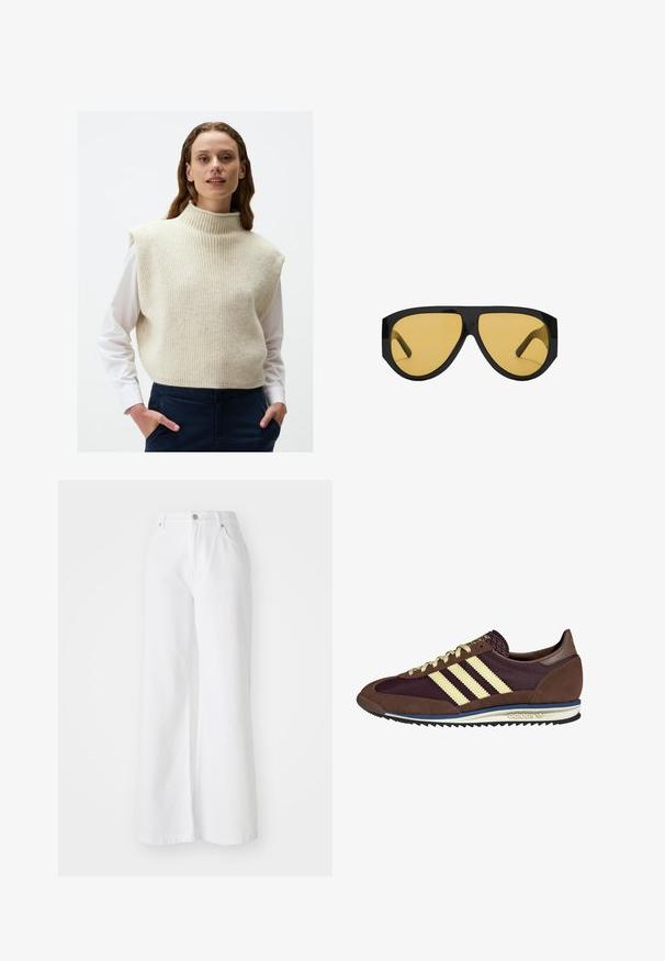 Trencz w kolorze camel z podwójnym zapięciem, szerokimi klapami, paskiem w talii oraz długimi rękawami z guzikami.; Kremowy bezrękawnik z dzianiny z wysokim ribbłowym kołnierzem i teksturowanym materiałem, nałożony na białą koszulę z kołnierzykiem.; Białe dżinsowe spodnie w szerokim kroju z wysokim stanem, z przednimi kieszeniami i srebrnym zapięciem na guzik. Tekstura jest gładka, w jednolitym kolorze.; Brązowe i burgundowe sneakersy wykonane z zamszu i siateczkowych materiałów, z trzema kremowymi paskami, teksturowanym materiałem na języku i gumową podeszwą.; Okulary przeciwsłoneczne z elegancką, czarną plastikową oprawką i żółtymi soczewkami, o wyraźnym kanciastym kształcie i szerokich zausznikach dla dodatkowej ochrony.