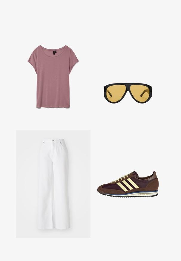 Camelivärinen villatehdasviitta, jossa on kaksirivinen etuosa, leveät läppät, vyöllinen vyötärö ja pitkät hihat nappidetaljeilla.; Vaaleanpunainen lyhythihainen t-paita, joka on valmistettu pehmeästä kankaasta, pyöreällä pääntie ja löysällä istuvuudella, ilman näkyviä kuvioita tai tekstuureja.; Valkoiset farkkuhaalarit leveillä lahkeilla ja korkealla vyötäröllä, joissa on etutaskut ja hopeinen nappisulku. Tekstuuri on sileä ja väri on tasainen.; Ruskea ja burgundin värinen lenkkari, jossa on yksityiskohtina mokkaa ja verkkomateriaalia, kolmea kermaista raitaa, tekstuuripinta kielekkeessä ja kumipohja.; Aurinkolasit, joissa on tyylikäs musta muovikehys ja keltaiset sävytyslasit, erottuva kulmikas muoto ja leveät temppelit lisäsuojan takaamiseksi.