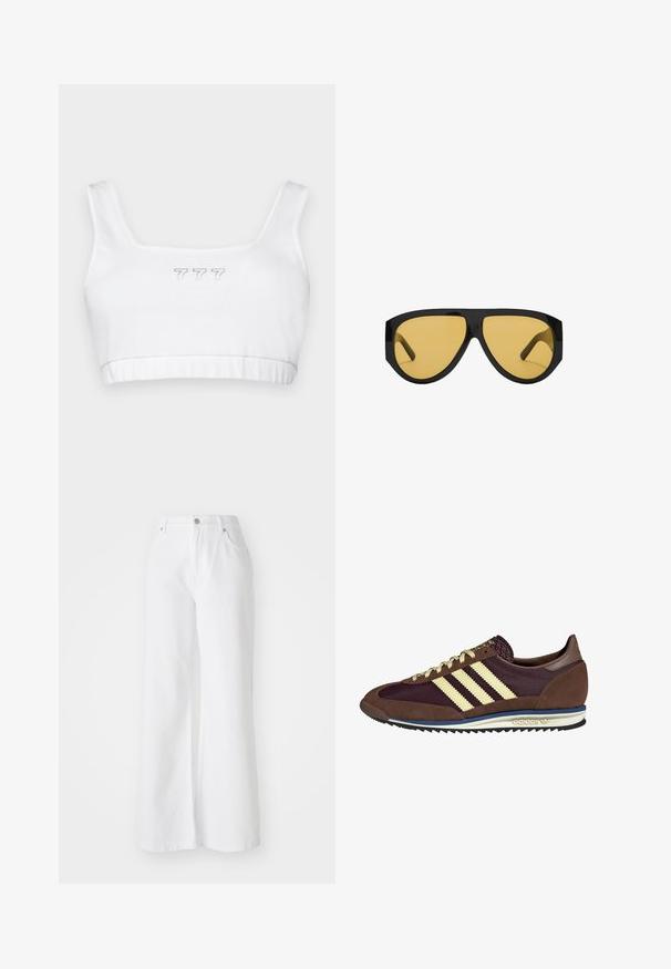 Kamelová vlněná trench coat s dvojitým zapínáním vpředu, širokými klopami, páskem v oblasti pasu a dlouhými rukávy s tlačítkovými detaily.; Bílý bavlněný crop top se čtvercovým výstřihem, s jemným šedým vyšitým nápisem "777" uprostřed a hladkou texturou po celém povrchu.; Bílé džíny s širokými nohavicemi a vysokým pasem, s předními kapsami a stříbrným knoflíkem na zapínání. Textura je hladká a jednobarevná.; Hnědé a burgundské tenisky z semiše a síťoviny, s třemi krémovými pruhy, texturovaným materiálem na jazyku a gumovou podrážkou.; Sluneční brýle s elegantním černým plastovým rámem a žlutě tónovanými čočkami, s výrazným úhlovým tvarem a širokými obroučkami pro dodatečné zakrytí.