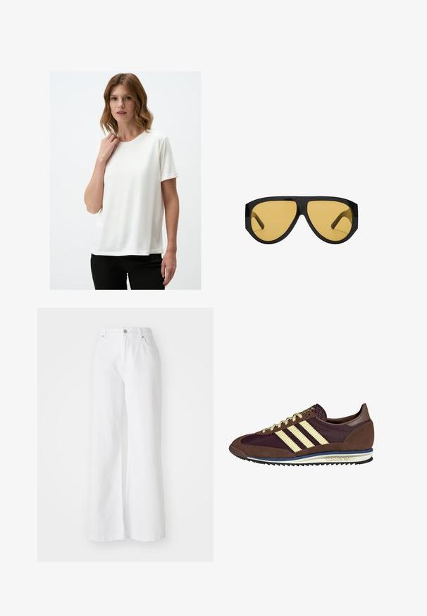 Trencz w kolorze camel z podwójnym zapięciem, szerokimi klapami, paskiem w talii oraz długimi rękawami z guzikami.; Biała koszulka z krótkim rękawem, wykonana z gładkiego materiału, z okrągłym dekoltem. Prosty design, z luźnym krojem i bez widocznych wzorów.; Białe dżinsowe spodnie w szerokim kroju z wysokim stanem, z przednimi kieszeniami i srebrnym zapięciem na guzik. Tekstura jest gładka, w jednolitym kolorze.; Brązowe i burgundowe sneakersy wykonane z zamszu i siateczkowych materiałów, z trzema kremowymi paskami, teksturowanym materiałem na języku i gumową podeszwą.; Okulary przeciwsłoneczne z elegancką, czarną plastikową oprawką i żółtymi soczewkami, o wyraźnym kanciastym kształcie i szerokich zausznikach dla dodatkowej ochrony.; Denimowa scrunchie w niebieskich odcieniach z wzorem w kratę. Miękka faktura z marszczonymi krawędziami i elastycznym środkiem zapewniającym pewne trzymanie.