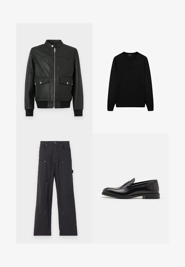 Czarna skórzana kurtka bomberka z przednim zamkiem błyskawicznym, dwoma przednimi kieszeniami, ściągaczami przy mankietach i kołnierzu. Gładka tekstura z subtelnymi przeszyciami.; Czarny sweter z długim rękawem i okrągłym dekoltem. Wykonany z miękkiego materiału, o klasycznym kroju z ribbowanymi mankietami i dołem. Bez wzorów ani akcentów.; Czarne spodnie cargo wykonane z trwałej tkaniny w prostym kroju, z przednimi kieszeniami, zatrzaskami i bocznymi kieszeniami użytkowymi.; Czarne skórzane mokasyny o gładkiej fakturze, zaokrąglonym nosku i dekoracyjnym pasku na przodzie. Niski, warstwowy obcas, minimalistyczny design.