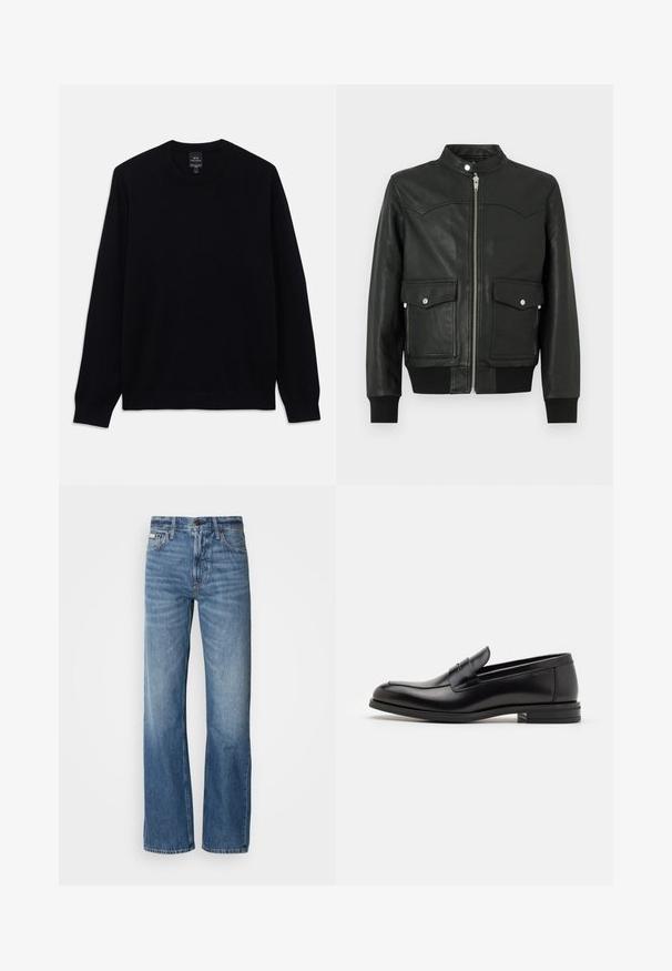 Black leather bomber jacket with a zippered front, two front pockets, ribbed cuffs, and collar. Smooth texture with subtle stitch detailing.; Black long-sleeve crewneck sweater with ribbed cuffs and hem, Armani Exchange label visible on the inside collar.; Blue denim jeans with a straight-leg cut, high waist, and subtle fading. Includes a button and zipper closure, and classic five-pocket design.; Black leather loafers with a smooth texture, rounded toe, and a decorative strap across the vamp. Low stacked heel, minimalist design.