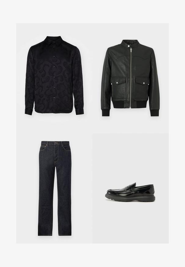 Juoda odinė bombonešio striukė su užtrauktuku priekyje, dviem priekinėmis kišenėmis, ribinėmis rankogaliais ir apykakle. Lygus paviršius su subtiliai matomu siuvimo raštu.; Juoda ilgomis rankovėmis marškiniai su subtiliu tekstūruotu paisley raštu, turintys smailią apykaklę ir mygtukų užsegimą. Lygus audinys.; Tamsių džinsų kelnių tiesus kirpimas, kontrastinga geltona siuvinėjimo linija, penkių kišenių dizainas ir priekinis sagos uždarymas.; Juodas odinis loaferis su blizgiu paviršiumi, apvaliu pirštu, subtiliais siūlių detalėmis ir storu guminio pado, užtikrinančio ilgaamžiškumą.