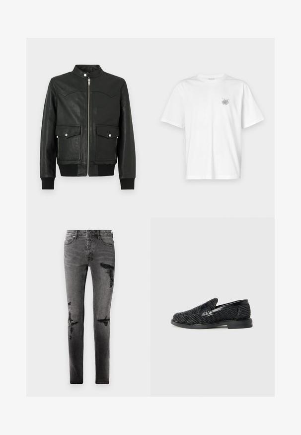 Črni usnjeni bomber srajca z zadrgo spredaj, dvema sprednjima žepoma, rebrastimi manšetami in ovratnikom. Gladek videz s subtilnimi šivi.; Bela majica iz bombaža s kratkimi rokavi, okroglim izrezom in majhnim sivim logotipom na levi strani prsnega dela. Gladka tekstura.; Črne traper hlače z raztrganimi detajli, ožjega kroja, s petimi žepi in klasičnim zapiranjem na zadrgo. Uporabljen videz z zbledelimi področji.; Črne pletene zavezane čevlje s gladkim usnjenim poudarkom na zgornjem delu, okroglo zasnovo nosu in nizkoprofilsko gumijasto podplat.