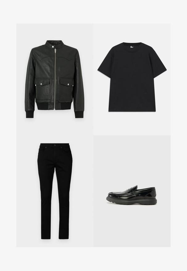 Fekete bőrs bomber dzseki cipzáras elülső résszel, két első zsebbel, bordázott mandzsettákkal és gallérral. Sima textúra finom varrási részletekkel.; Fekete, rövid ujjú pamut póló, kerek nyakkivágással és egy kis logórészlettel az alján. Sima textúra, normál szabás.; Fekete farmernadrág slim fit szabással, klasszikus ötpocket dizájnnal, gombos záródással és minimális varrási részletekkel.; Fekete bőr loafer, fényes felülettel, kerek orral, diszkrét varrási részletekkel és vastag gumitalppal a tartósság érdekében.