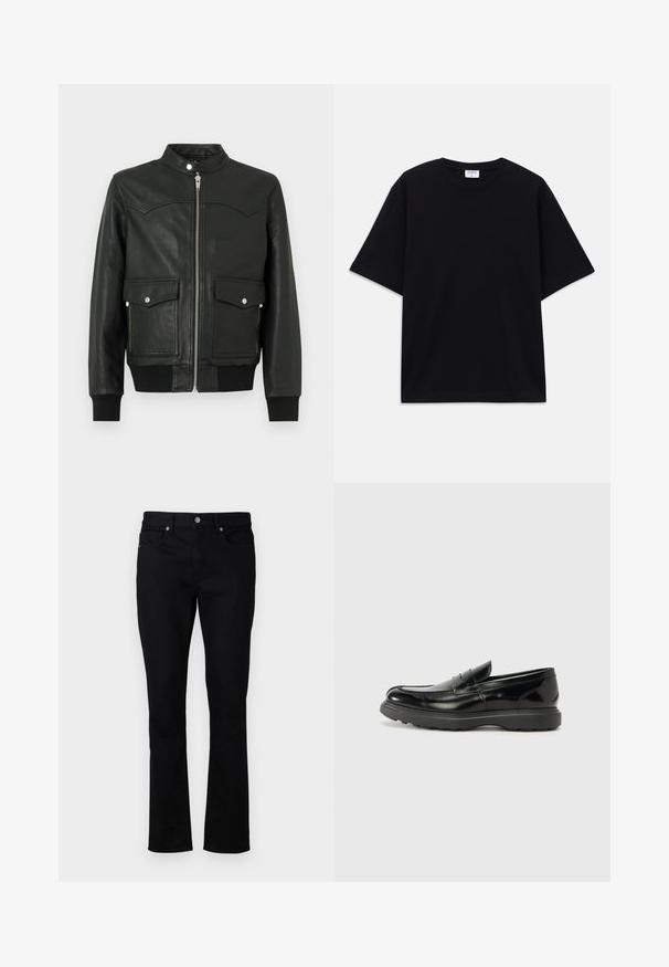 Czarna skórzana kurtka bomberka z przednim zamkiem błyskawicznym, dwoma przednimi kieszeniami, ściągaczami przy mankietach i kołnierzu. Gładka tekstura z subtelnymi przeszyciami.; Czarny, krótki rękaw, oversize'owy T-shirt z okrągłym dekoltem i widoczną metką marki Filippa K wewnątrz kołnierza.; Czarne dżinsy z prostymi nogawkami, o średnim stanie, pięć kieszeni i metalowe akcenty. Gładka faktura.; Czarne skórzane mokasyny o błyszczącym wykończeniu, zaokrąglonym nosku, subtelnych detalach szycia i grubym gumowym spodzie dla trwałości.