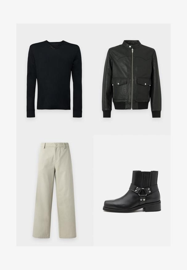Sort læderbomberjakke med lynlås foran, to forlommer, ribstrikkede manchetter og krave. Glat tekstur med diskrete syningsdetaljer.; Sort langærmet skjorte lavet af blødt stof, med en rund halsudskæring og fem dekorative knapper på venstre skulder samt ribbede manchetter.; Han Kjøbenhavn WIDE LEG - Bukser - light grey; The Kooples CHAUSSURES - Cowboy- / bikerstøvlette - black