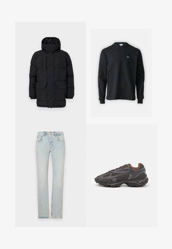 Černá prošívaná bunda s kapucí, vybavená patentkami, dvěma předními kapsami a elastickými manžetami. Hladký povrch, neformální design.; Černé dlouhé rukávy triko vyrobené z bavlny, s kulatým výstřihem a malým zeleným vyšitým logem krokodýla na levé hrudi.; Světle modré džíny s rovnými nohavicemi, designem pěti kapes a zipovým zapínáním. Látka vykazuje mírné vyblednutí pro opotřebovaný vzhled.; Sněrovací boty Lacoste v tmavě šedé barvě s síťovinou a syntetickým materiálem, prezentující texturovanou podrážku a hnědé detaily na límci a logu.