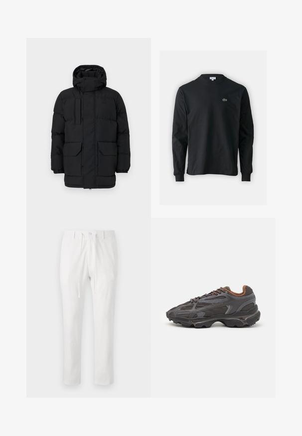 Schwarze gepolsterte Jacke mit Kapuze, ausgestattet mit Druckknopfverschlüssen, zwei Vorderaschen und elastischen Bündchen. Glatte Textur, lässiges Design.; Schwarzes Langarm-T-Shirt aus Baumwolle, mit Rundhalsausschnitt und einem kleinen grünen, gestickten Krokodil-Logo auf der linken Brust.; Weiße Baumwollhose mit elastischem Bund, Kordelzug und Knopfverschluss. Gerade Beinform, glatte Textur, keine Muster oder Akzente.; Lacoste Sneaker in Dunkelgrau aus Mesh und Synthetikmaterial, mit einer strukturierten Sohle und braunen Akzenten am Kragen und Logo.