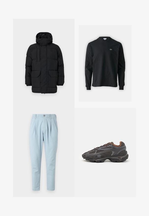 Casaco acolchoado preto com capuz, apresentando fechos de pressão, dois bolsos frontais e punhos elásticos. Textura suave, design casual.; Camisola preta de manga longa feita de algodão, com decote redondo e um pequeno logótipo de crocodilo bordado em verde no lado esquerdo do peito.; Calças azul claro feitas de tecido texturizado, com fecho de botão, cintura elástica e dois bolsos laterais. Design de perna afunilada.; Ténis Lacoste em cinza-escuro com material em malha e sintético, apresentando uma sola texturizada e detalhes castanhos na gola e na marca.