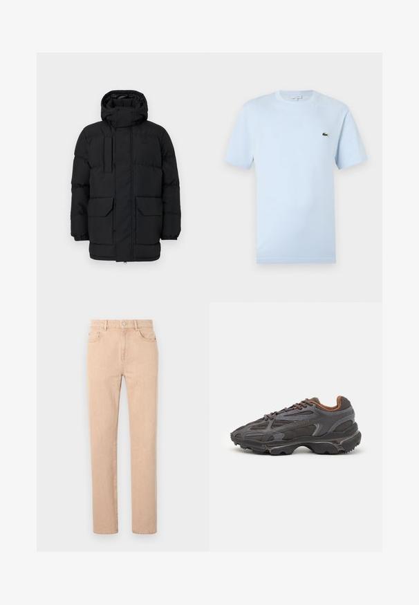 Casaco acolchoado preto com capuz, apresentando fechos de pressão, dois bolsos frontais e punhos elásticos. Textura suave, design casual.; T-shirt azul claro de manga curta feito de material de algodão suave. Apresenta um pequeno logótipo de crocodilo bordado verde no peito.; Calças de ganga bejes de perna reta, feitas de tecido em mistura de algodão, com fecho de zip, passantes para cinto e bolsos frontais e traseiros. Textura suave.; Ténis Lacoste em cinza-escuro com material em malha e sintético, apresentando uma sola texturizada e detalhes castanhos na gola e na marca.