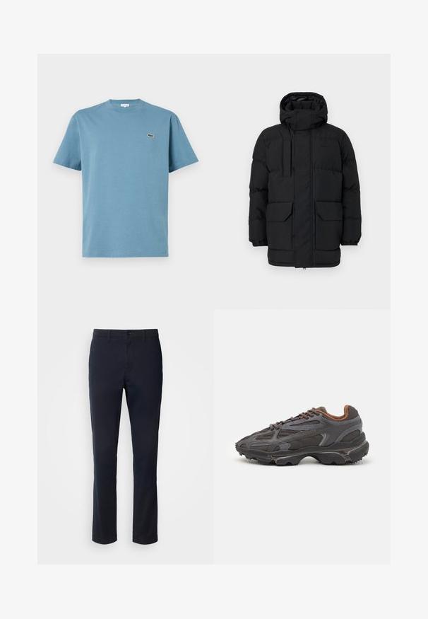Fekete párnázott dzseki kapucnival, patentos záródással, két elülső zsebbel és rugalmas mandzsettákkal. Sima textúra, laza dizájn.; Világoskék pamut póló, kerek nyakkivágással, rövid ujjakkal és egy kis hímzett logóval a mellkason. Simára vasalt textúra, laza stílus.; Sötétkék nadrág sima anyagból, egyenes szárú kialakítással, övhurkokkal és gombos záródással, cipzáras kivitelben.; Sötét szürke Lacoste sportcipők hálós és szintetikus anyagból, textúrázott talppal és barna díszítésekkel a nyak részen és a logón.
