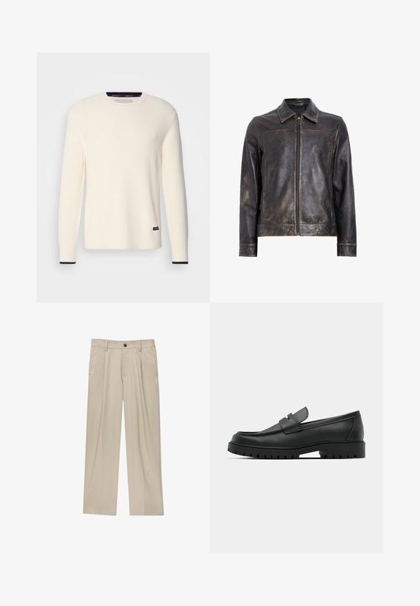 Schwarze Lederjacke mit Reißverschluss, Stehkragen und subtiler, abgenutzter Textur. Verfügt über ein kreisförmiges Hardware-Detail am Reißverschluss.; Rippierter Cremepullover mit Rundhalsausschnitt, langen Ärmeln und einem marineblauen Akzent an den Bündchen. Verfügt über ein kleines Logotag am Saum.; Beige Hosen mit geradem Schnitt, ausgestattet mit einem einzelnen schwarzen Knopf, Gürtelschlaufen und Seitentaschen. Glatte Stofftextur und minimalistisches Design.; Schwarze Lederloafer mit runder Zehenform, ausgestattet mit einem gesteppten Design, niedrigem Plattformsohle und einer strukturierten, genoppten Gummisohle.