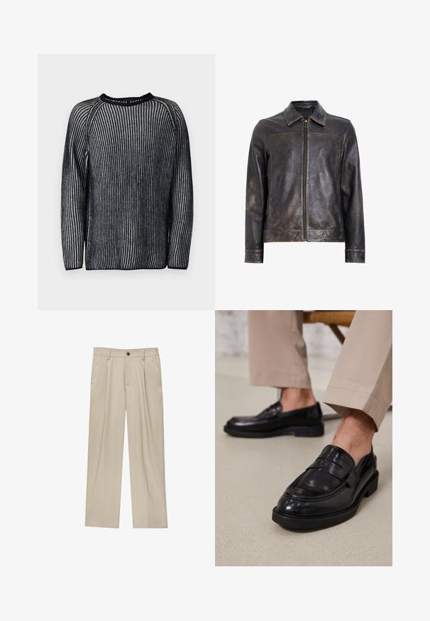 Giacca in pelle nera con chiusura a zip, colletto rialzato e una sottile texture invecchiata. Presenta un accento circolare in metallo sulla zip.; Maglione lavorato a maglia con strisce verticali blu navy e bianche, scollatura rotonda e maniche lunghe. Presenta una texture a costine e un design a raglan.; Pantaloni beige a taglio dritto, con un solo bottone nero, passanti per la cintura e tasche laterali. Tessuto dalla texture liscia e design minimale.; Mocassini in pelle nera con finitura liscia, dotati di una cintura decorativa e cuciture a contrasto, abbinati a pantaloni beige.