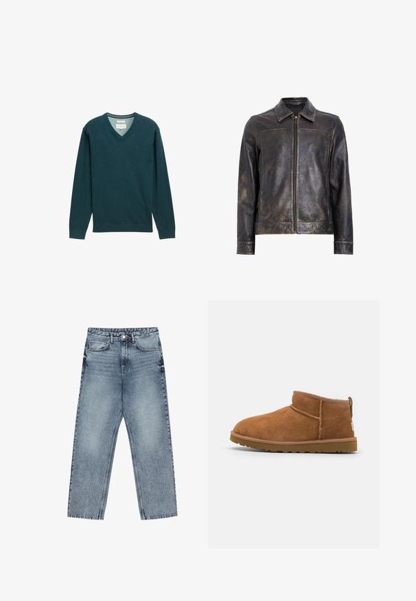 Jachetă din piele neagră cu închidere prin fermoar, guler înalt și o textură ușor uzată. Prezintă un accent hardware circular pe fermoar.; Pulover de culoare albastru închis, cu decolteu în V, realizat dintr-un material moale; dispune de mâneci lungi, manșete ribbate și o etichetă la guler pentru branding.; Jeans din denim de culoare albastru deschis, cu croială dreaptă, cusături vizibile, design cu cinci buzunare și închidere cu nasture la talie.; Botină antrenașă din suede bej, cu vârf rotund, detalii subtile de cusătură și o talpă din cauciuc texturată. Înălțime scurtă fără șireturi.