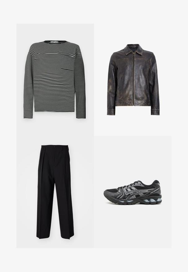 Fekete bőr dzseki, cipzárral, álló gallérral és finoman megkopott felülettel. A cipzáron egy kör alakú fém dísz van.; Fekete-fehér csíkos, hosszú ujjú ing, lekerekített nyakkivágással és kis mellsz zsebbel a bal oldalon. Simogató pamut anyag.; Fekete, pliszírozott nadrág, egyenes, széles lábakkal. Sima anyagból készült, gombos záródással és övhurkokkal rendelkezik.; Fekete sportcipő hálós felsőrésszel, ezüst részletekkel és párnázott talppal. Fűzős kialakítással és mintázott talppal a jobb tapadás érdekében.