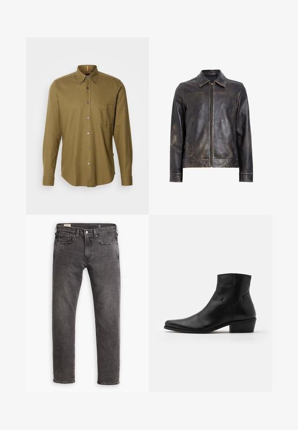 Černá kožená bunda s zipovým uzávěrem, stojáčkem a subtilními opotřebovanými detaily. Obsahuje kulatý kovový akcent na zipu.; BOSS RICKERT - Košile - open green; Bílá dlouhá tričko s dlouhým rukávem vyrobené z jemné bavlny. Kulatý výstřih se rovnými lemy a bez viditelných vzorů či grafik.; Šedé džíny z denimu se rovnými nohavicemi, designem s pěti kapsami a knoflíkovým zapínáním. Obsahují jemné vyblednutí a tonální prošívání po celém povrchu.; Černá kožená kotníková bota s špičatou špičkou, minimálním množstvím švů, střední blokovou podpatečkou a hladkým, lesklým povrchem.