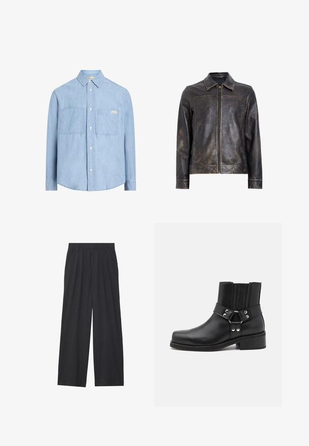 Czarna skórzana kurtka z zapięciem na zamek, stojącym kołnierzem i subtelną, postarzaną teksturą. Posiada okrągły detal dekoracyjny na zamku.; Jasnoniebieska koszula z dżinsu z kołnierzykiem w kształcie szpika, dwoma kieszeniami na piersi i małą metką z logo na lewej kieszeni.; Koszulka henley z długim rękawem w lekkim kremowym materiale. Posiada trzy guziki przy kołnierzyku oraz czerwono-niebieski pasek przy szyi. Rękawy raglanowe.; Szerokie spodnie wykonane z ciemnoszarego materiału. Posiadają pliski w talii, dopasowany krój oraz prostą sylwetkę.; The Kooples CHAUSSURES czarny