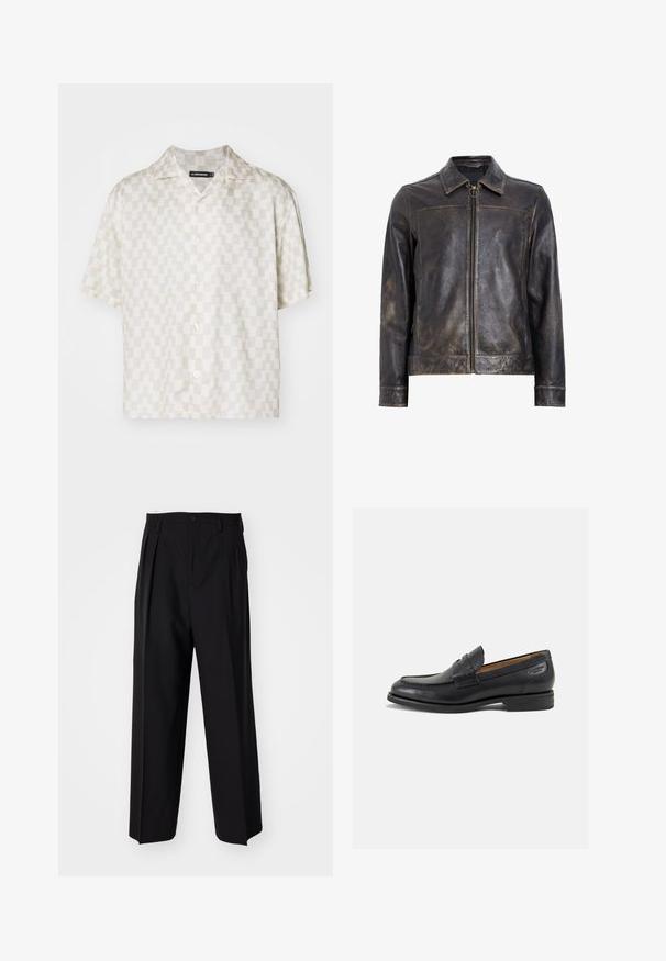 Giacca in pelle nera con chiusura a zip, colletto rialzato e una sottile texture invecchiata. Presenta un accento circolare in metallo sulla zip.; Camicia a maniche corte con un motivo geometrico color crema e beige, tessuto leggero, colletto a punta e cinque bottoni sul davanti.; Pantaloni neri a pieghe con un design dritto e gamba larga. Realizzati in tessuto morbido, con chiusura a bottone e passanti per cintura.; Mocassini in pelle nera con finitura liscia, punta arrotondata e cuciture decorative sulla tomaia. Tacco basso impilato e leggero lucido.