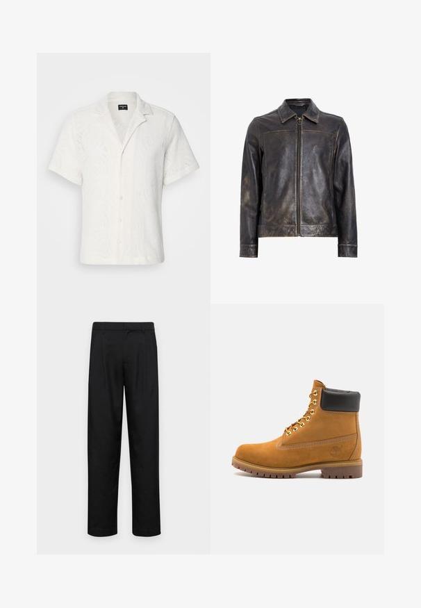 Zwarte leren jack met ritssluiting, opstaande kraag en subtiele verweerde textuur. Heeft een ronde hardware accent op de rits.; Witte korte mouw shirt met een subtiel golfpatroon en een knoopsluiting aan de voorkant. Gemaakt van een geweven stof met een kraag en een ontspannen pasvorm.; Witte katoenen t-shirt met lange mouwen, ronde hals, losse pasvorm en ribgebreide manchetten. Eenvoudig ontwerp, geen afbeeldingen of patronen.; Zwarte broeken van gladde stof, met een recht model, twee voorknikken en een standaard tailleband met riemlussen.; Tan suède enkelboot met zwart gevoerd kraagje, gouden metalen oogjes, witte stikdetails en een robuuste rubberen zool met uitgesproken profiel.