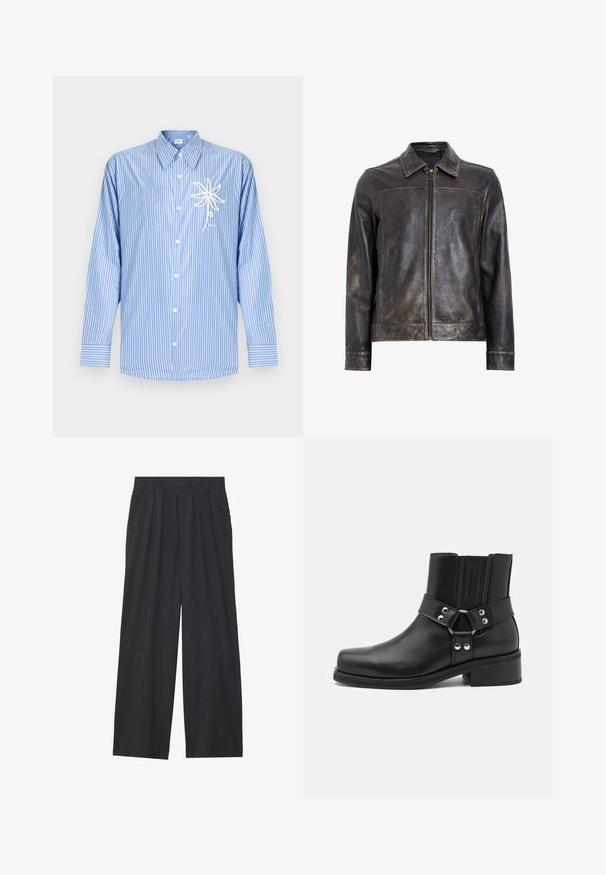 Schwarze Lederjacke mit Reißverschluss, Stehkragen und subtiler, abgenutzter Textur. Verfügt über ein kreisförmiges Hardware-Detail am Reißverschluss.; Blau-weiß gestreiftes langärmeliges Hemd mit Knöpfen und einem weißen Seilblumendesign auf der linken Brusttasche.; Weit geschnittene Hosen aus dunkelgrauem Stoff. Merkmale sind Falten an der Taille, ein maßgeschneiderter Schnitt und eine gerade Silhouette.; The Kooples CHAUSSURES - Cowboy-/Bikerstiefelette - black