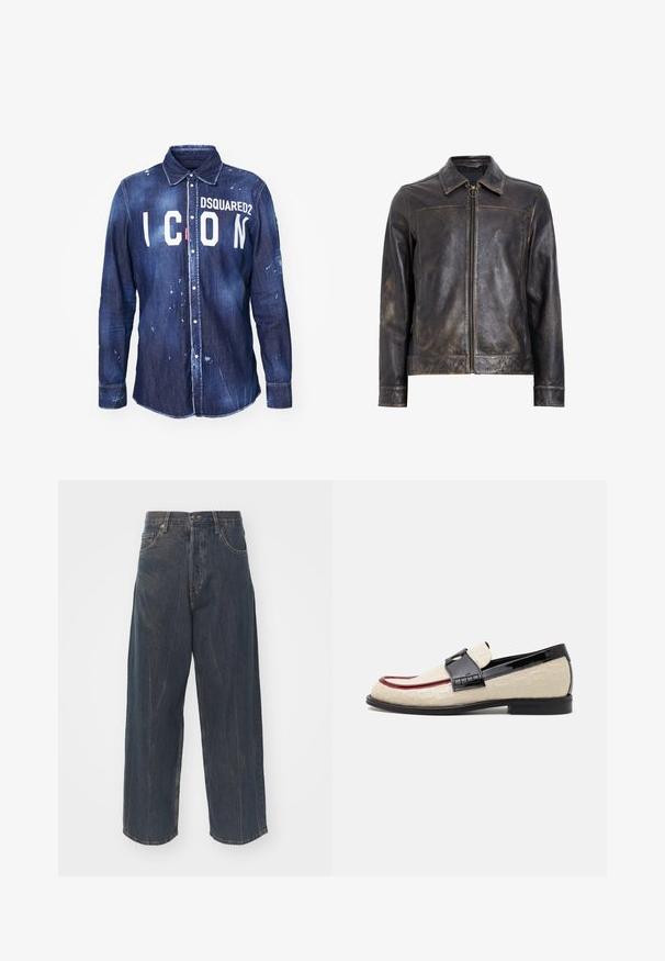 Schwarze Lederjacke mit Reißverschluss, Stehkragen und subtiler, abgenutzter Textur. Verfügt über ein kreisförmiges Hardware-Detail am Reißverschluss.; Dunkelblaue Denimhemd mit weißem "ICON"-Text und "DSQUARED2"-Logo. Verfügt über eine Knopfleiste, einen spitzen Kragen und distressed Farbspritzer.; Weite dunkelblaue Jeans aus Denim mit subtilem Distressed-Effekt, fünf Taschen und einem klassischen Knopf- und Reißverschlussverschluss an der Taille.; Beige Slipper mit geprägtem Muster, rotem Akzentstreifen und glänzendem schwarzen Absatz. Mit einem Riemen mit Schnallendetail. Flache schwarze Sohle.